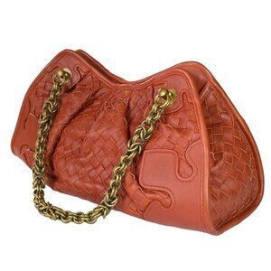 Bottega Veneta Shoulder Bag Red Leather Intrecciato Bronze Chain Appliqué Rare